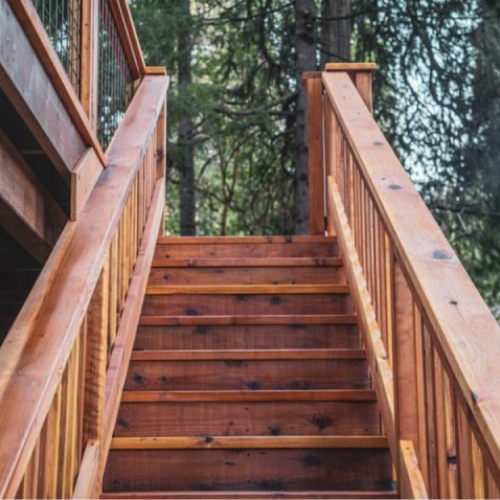 new wood stairs up to wood deck