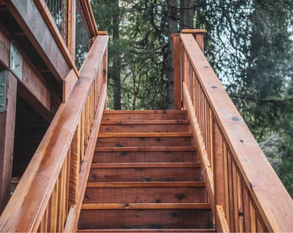 new wood stairs up to wood deck