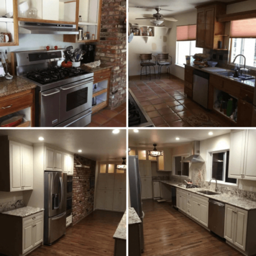 Before and after pictures showing a kitchen remodel