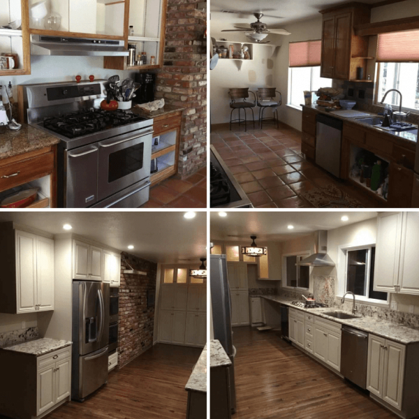 Before and after pictures showing a kitchen remodel
