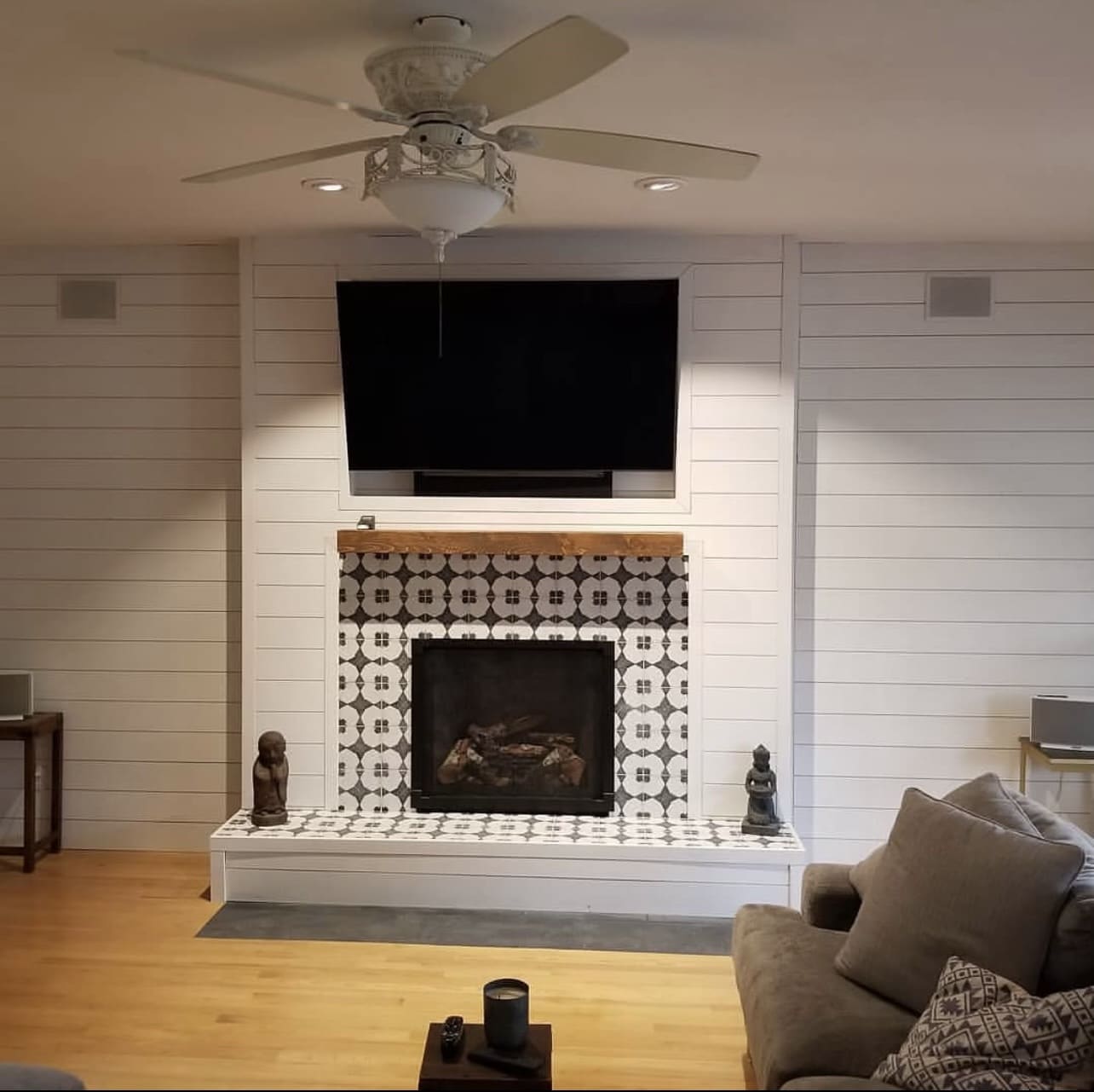 updated fireplace with tile with shiplap